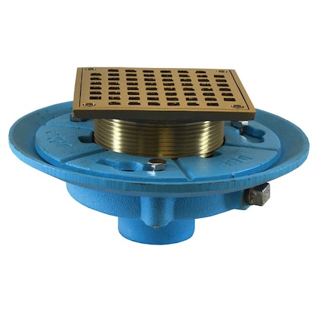 Jones Stephens 2in No Hub Code Blue Floor Drain, 9in Pan, 5in Nickel Bronze Square Strainer D66569